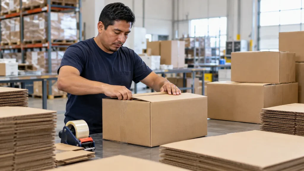 Trabajador armando cajas de cartón