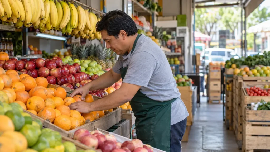 Trabajador acomodando frutas frescas en una frutería