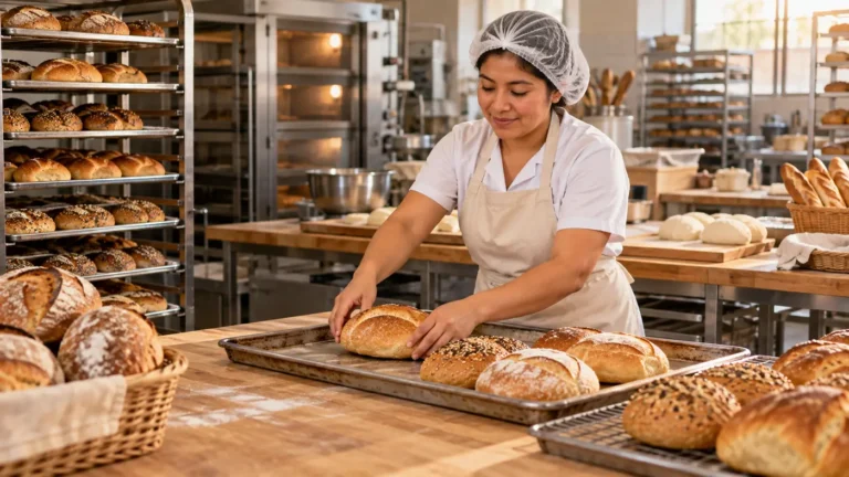 Ayudante preparando productos de panadería