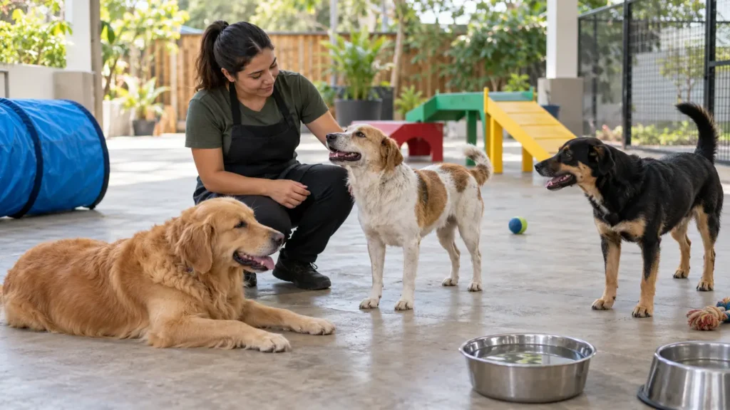 Cuidadora supervisando perros en una guardería de mascotas