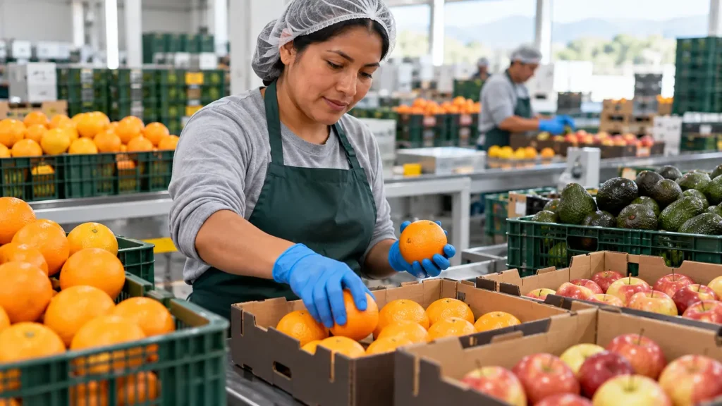 Trabajador seleccionando y empacando frutas