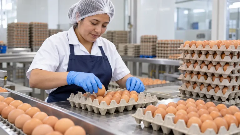 Trabajador empacando huevos en una granja