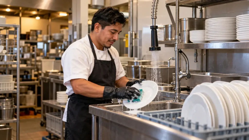 Lavaplatos trabajando en la cocina de un restaurante