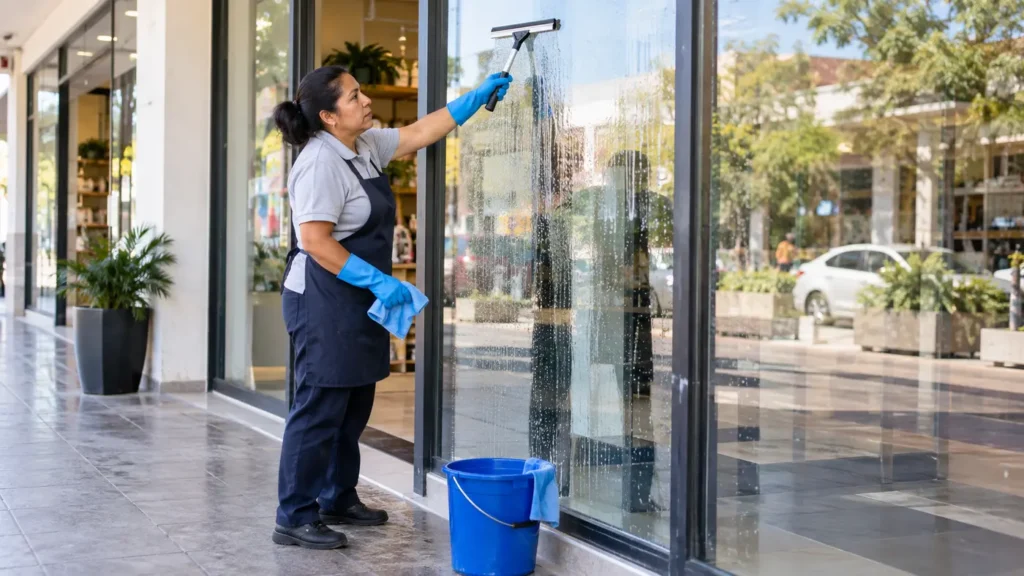 Trabajadora limpiando una ventana de vidrio con jalador