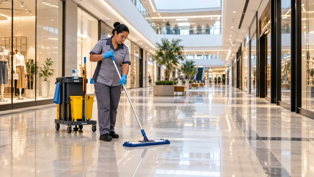 Personal realizando limpieza en un centro comercial
