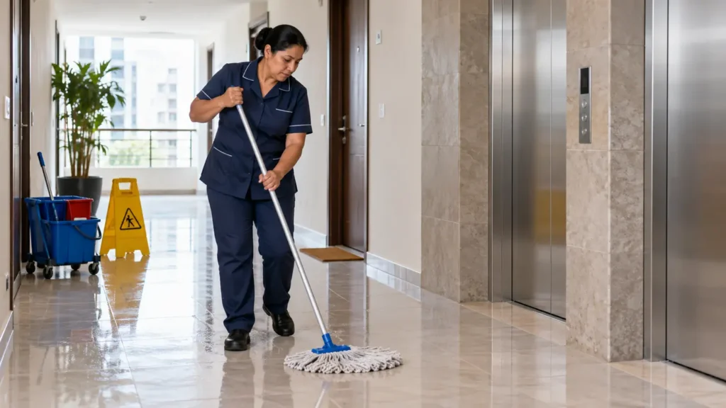 Personal limpiando áreas comunes de un condominio