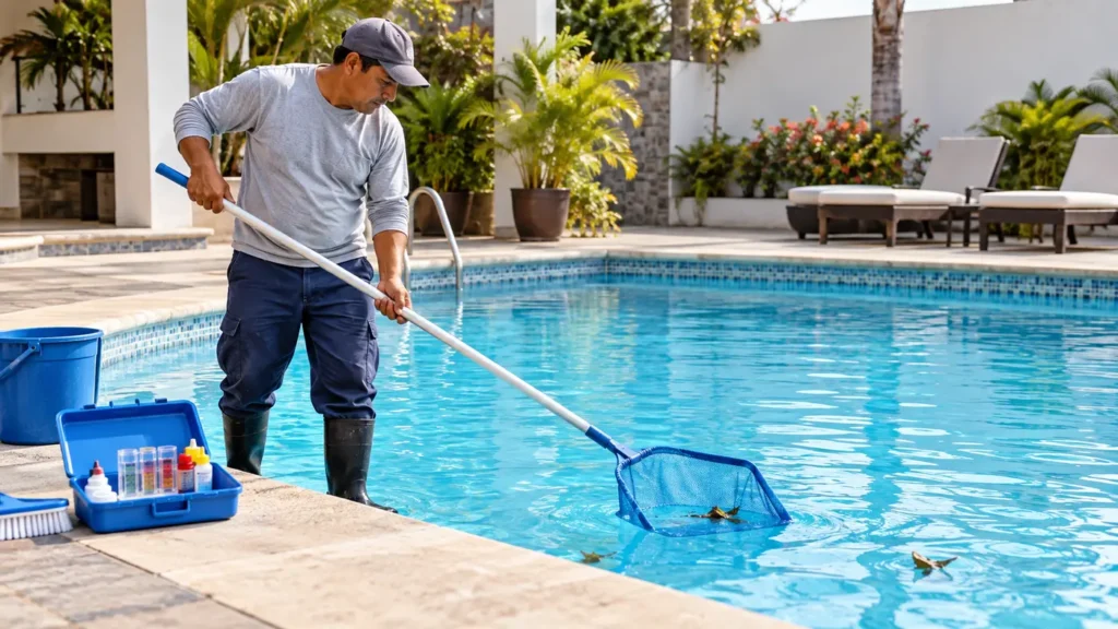 Trabajador realizando mantenimiento y limpieza de una piscina