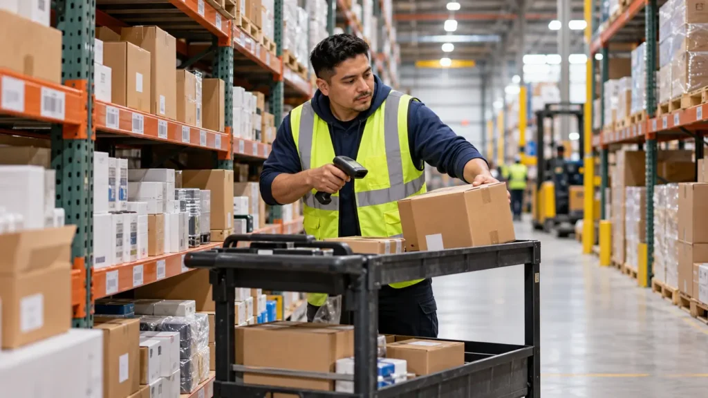 Preparador organizando pedidos en un almacén