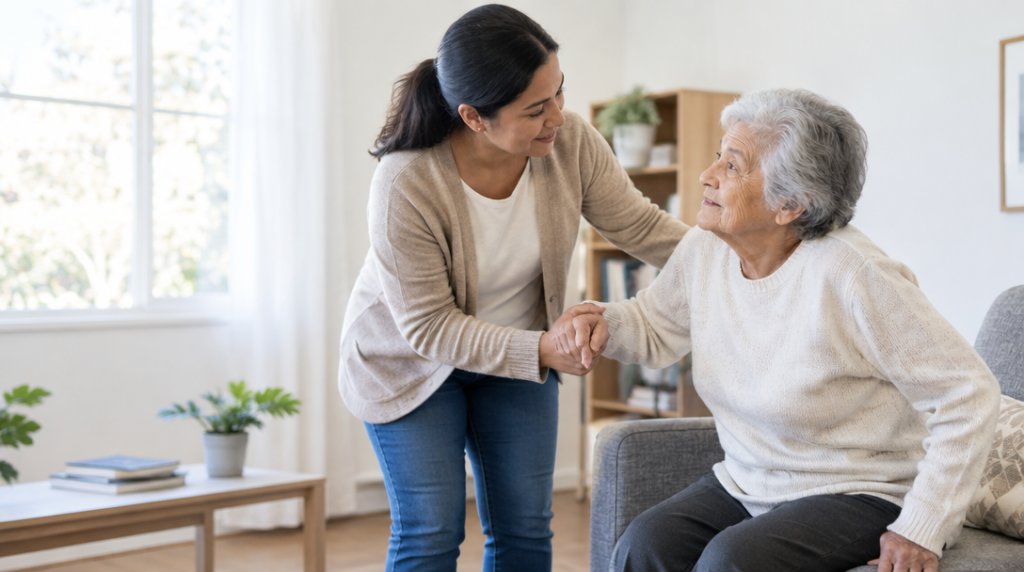 Cuidador acompañando a una persona adulta mayor