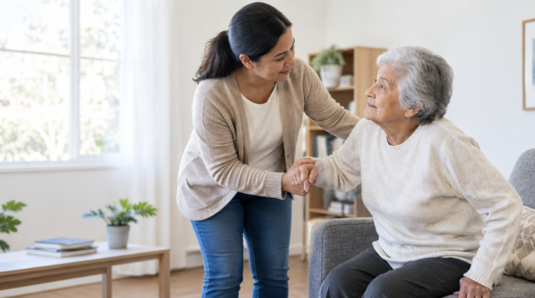 Cuidador acompañando a una persona adulta mayor