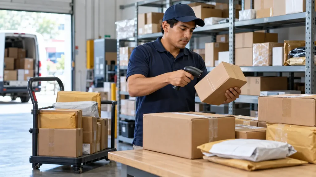Auxiliar clasificando paquetes en un centro de courier