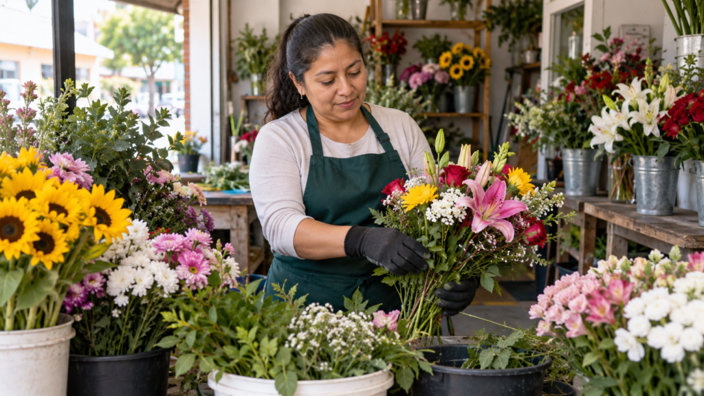 Auxiliar preparando flores en una floristería