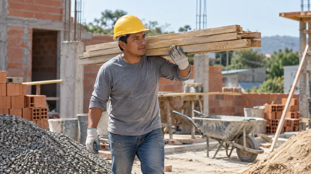 Ayudante trasladando materiales en una obra de construcción