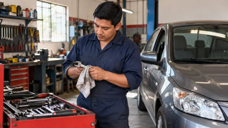 Ayudante trabajando en un taller de mecánica automotriz