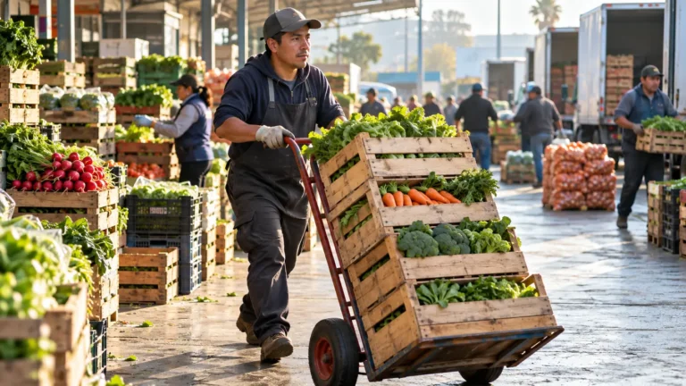 Ayudante trasladando cajas en un mercado mayorista