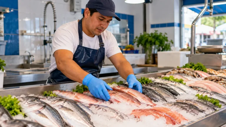 Ayudante acomodando productos en una pescadería