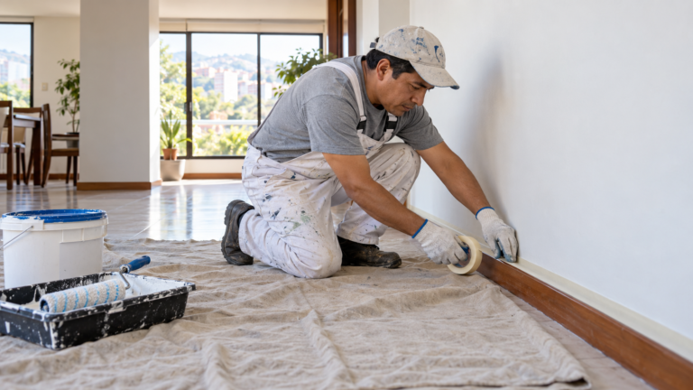 Ayudante preparando una superficie para pintar