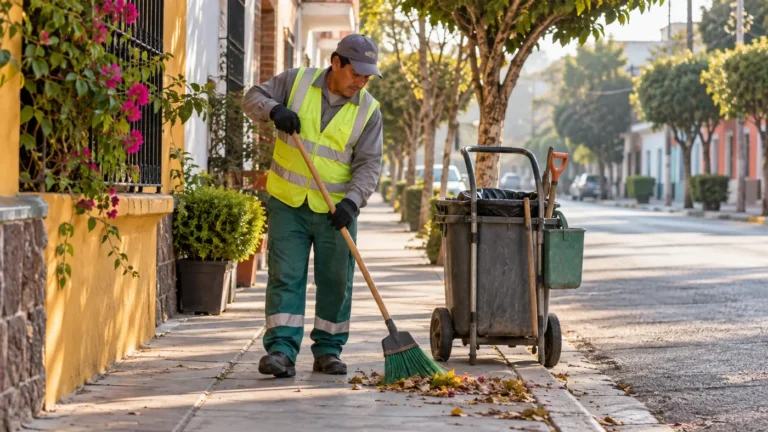 Barrendero realizando limpieza en una calle urbana