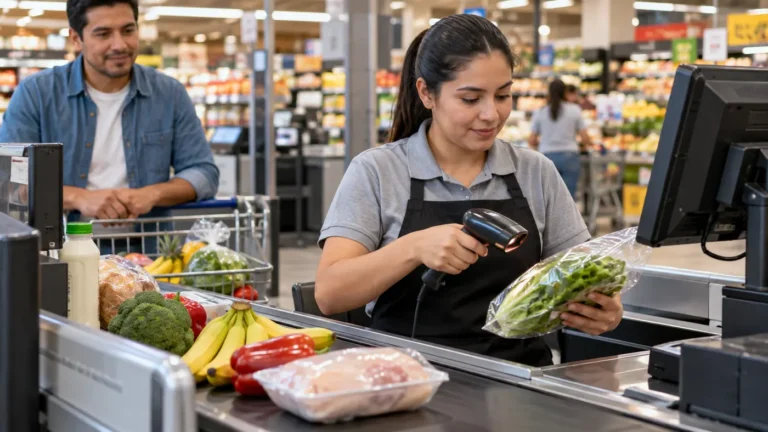 Cajero atendiendo una compra en un supermercado