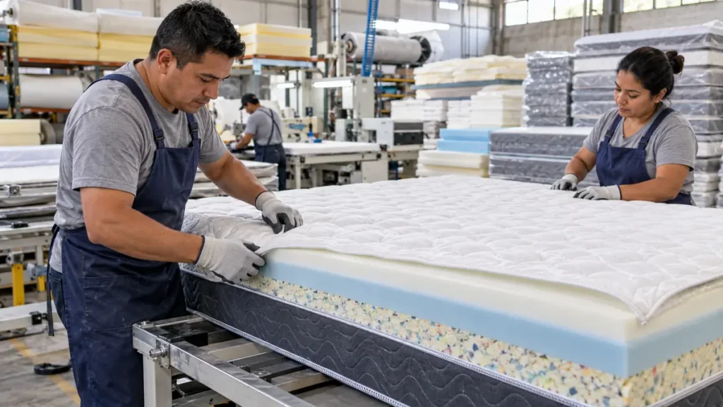 Operarios ensamblando un colchón en una planta de fabricación