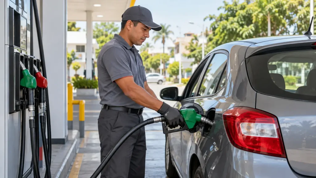 Despachador atendiendo un vehículo en una estación de combustible