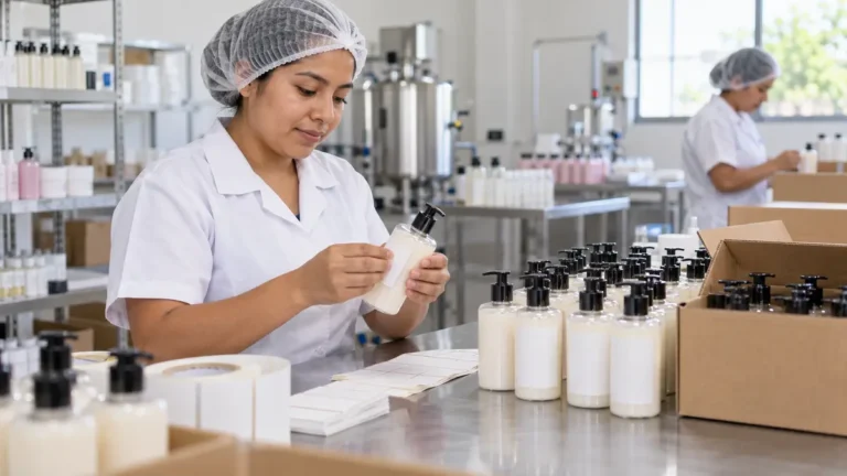 Trabajador empacando productos cosméticos