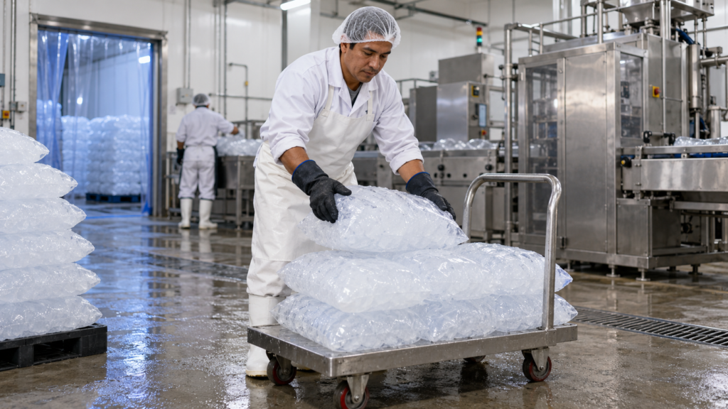 Auxiliar embolsando hielo en una fábrica