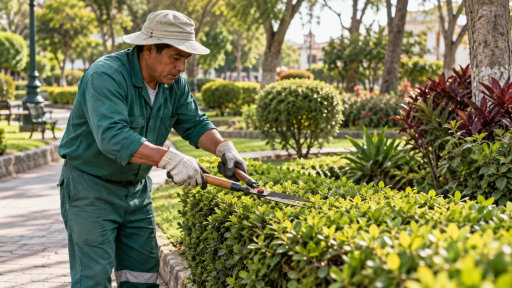 Jardinero realizando mantenimiento de plantas en un parque