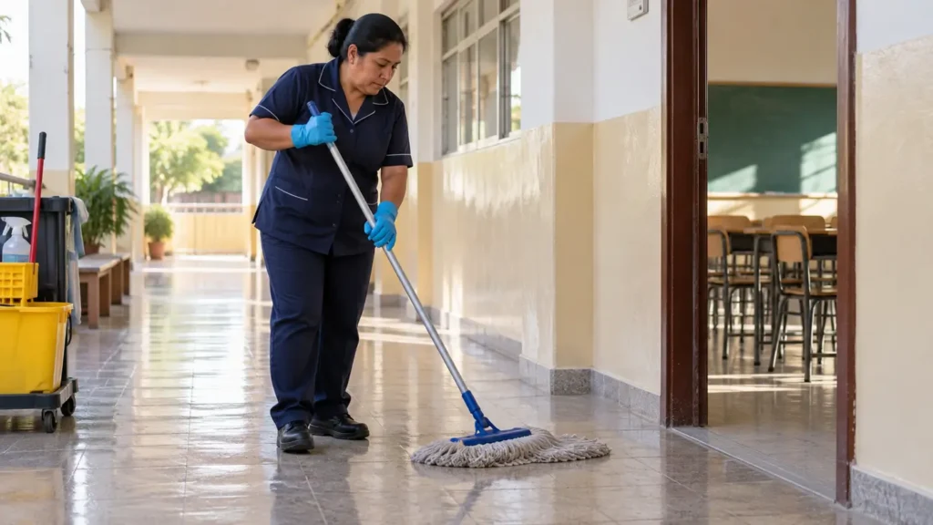 Personal limpiando el pasillo de un colegio