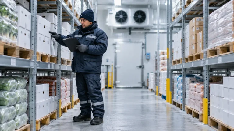 Operario revisando cajas dentro de una cámara fría