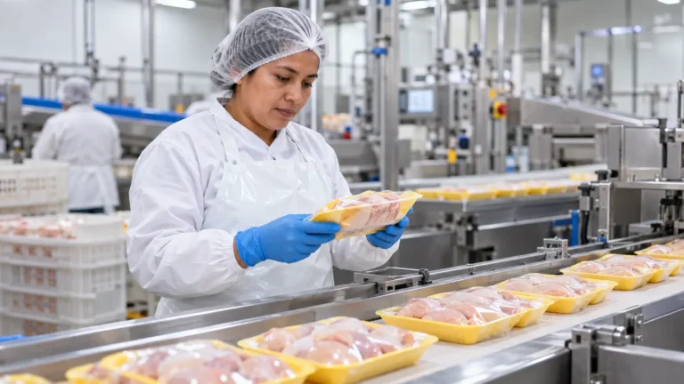 Operario inspeccionando productos en una planta avícola