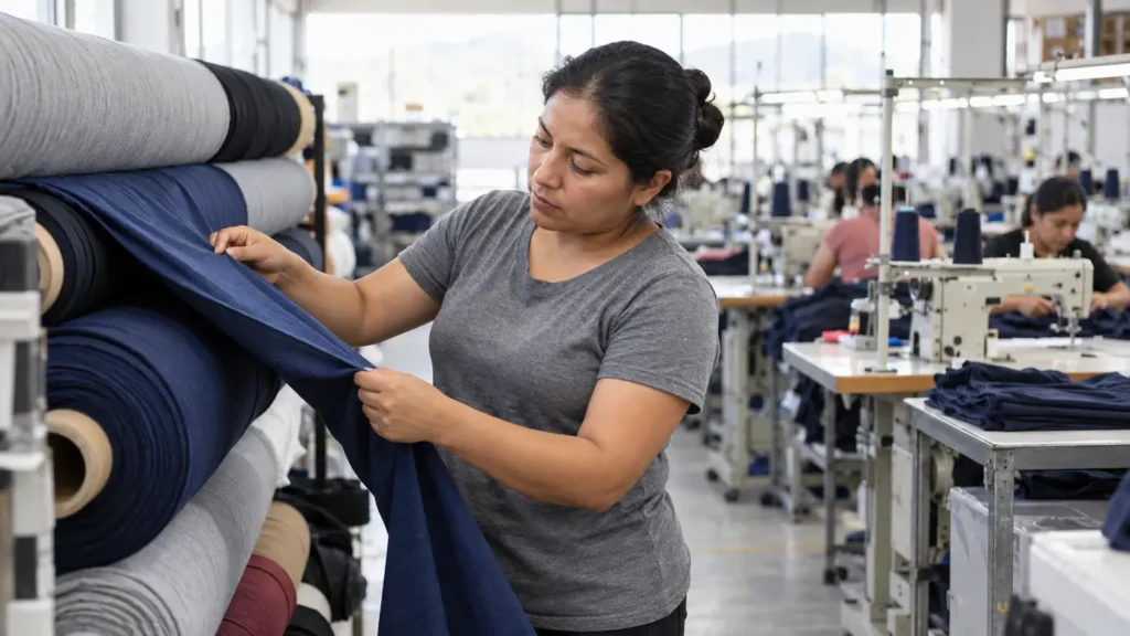 Operario revisando telas en una planta de producción textil