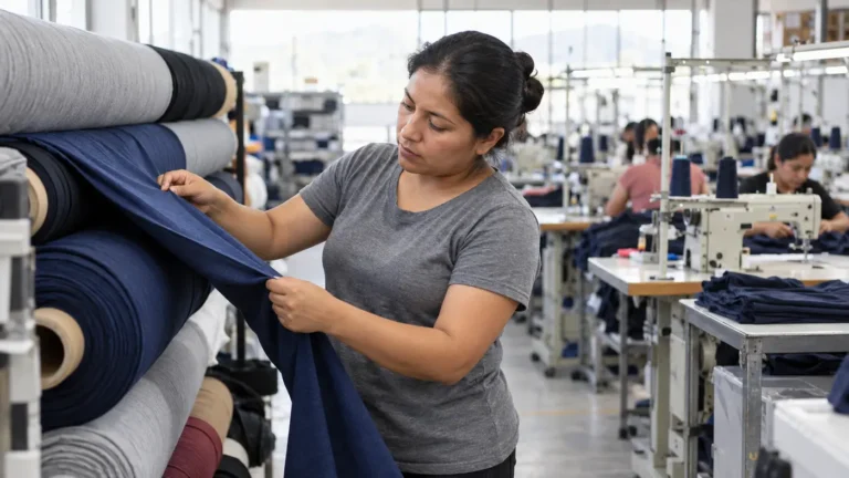 Operario revisando telas en una planta de producción textil
