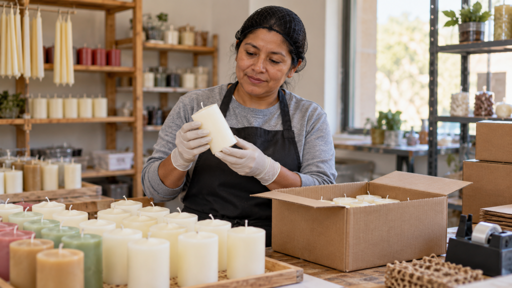 Trabajador preparando y empacando velas