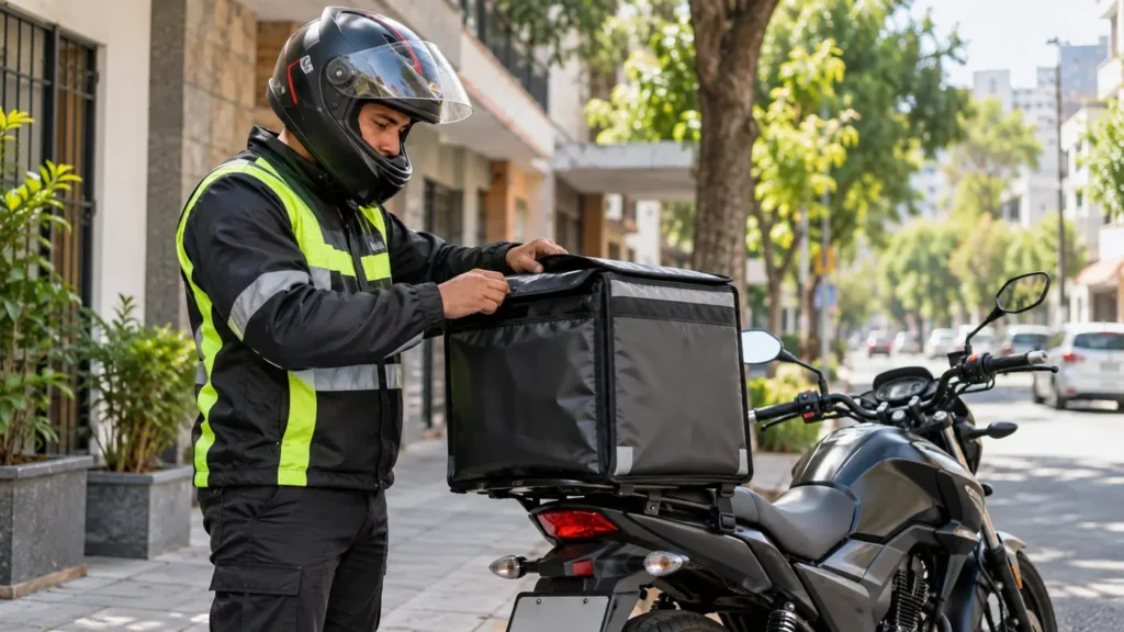 Repartidor preparando una entrega junto a su motocicleta
