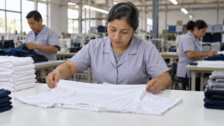 Trabajador revisando la calidad de prendas