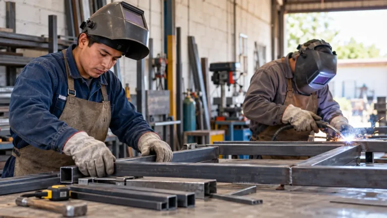 Ayudante de soldador preparando estructuras metálicas en un taller