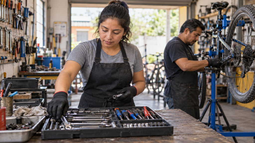Ayudante trabajando en un taller de bicicletas