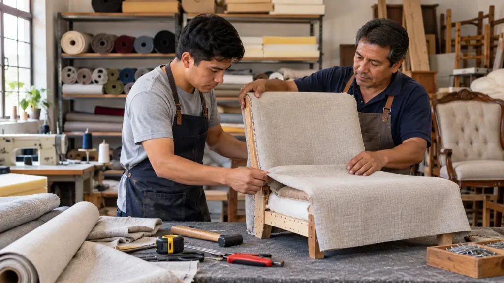 Ayudante de tapicería colocando tela en la estructura de una silla