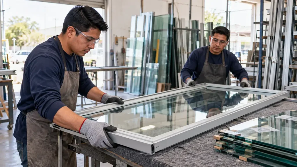 Ayudante de vidriería trabajando con un marco de aluminio y vidrio
