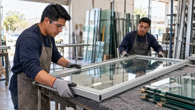 Ayudante de vidriería trabajando con un marco de aluminio y vidrio